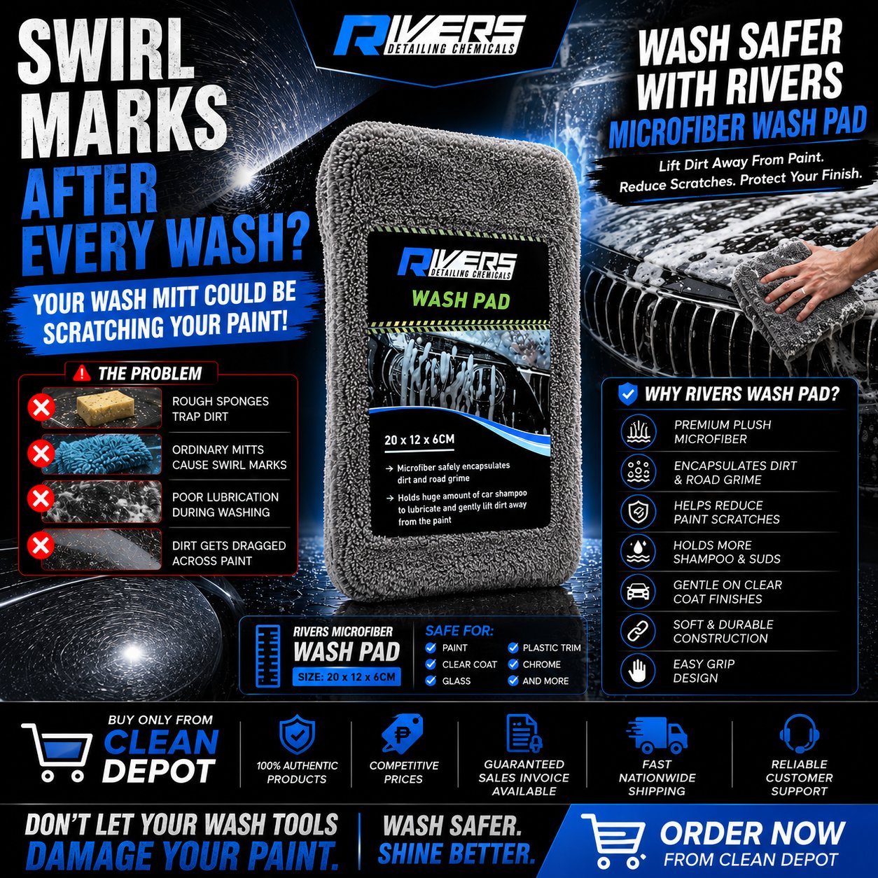 Rivers Microfiber Towels Pack of 3, Wash Pad & Plush Towel | Car Detailing Cloth
