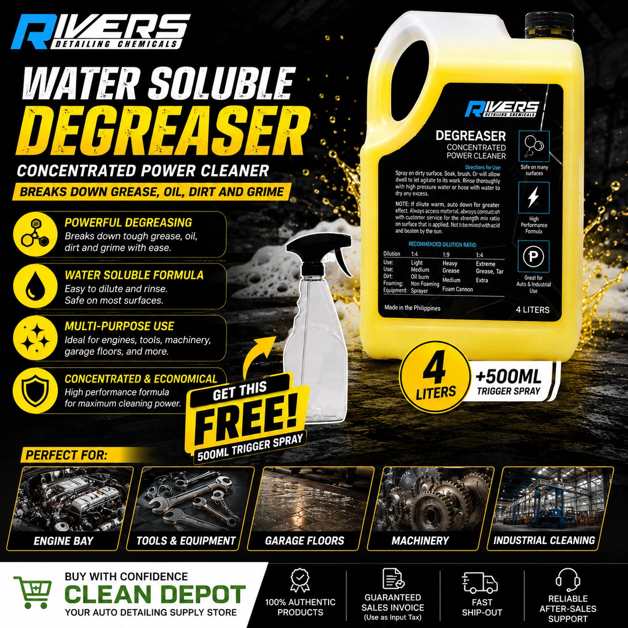 Rivers Water Soluble Degreaser 4 Liters + Free 500mL Trigger Spray