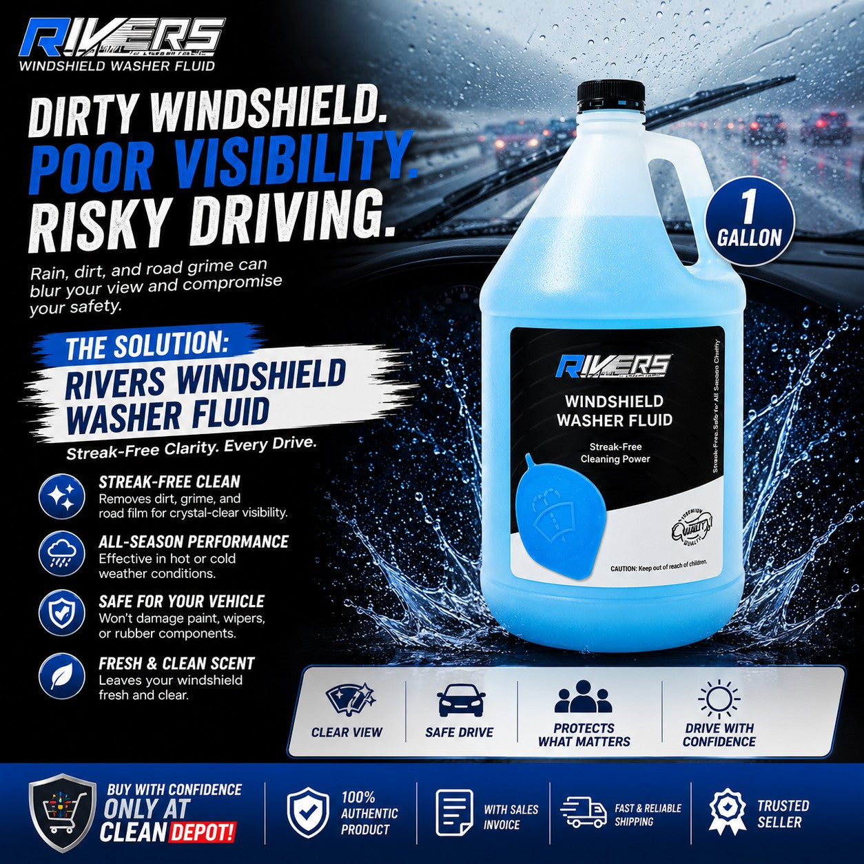 Rivers Windshield Washer Fluid | 1 Liter & 1 Gallon Streak-Free Glass Cleaner