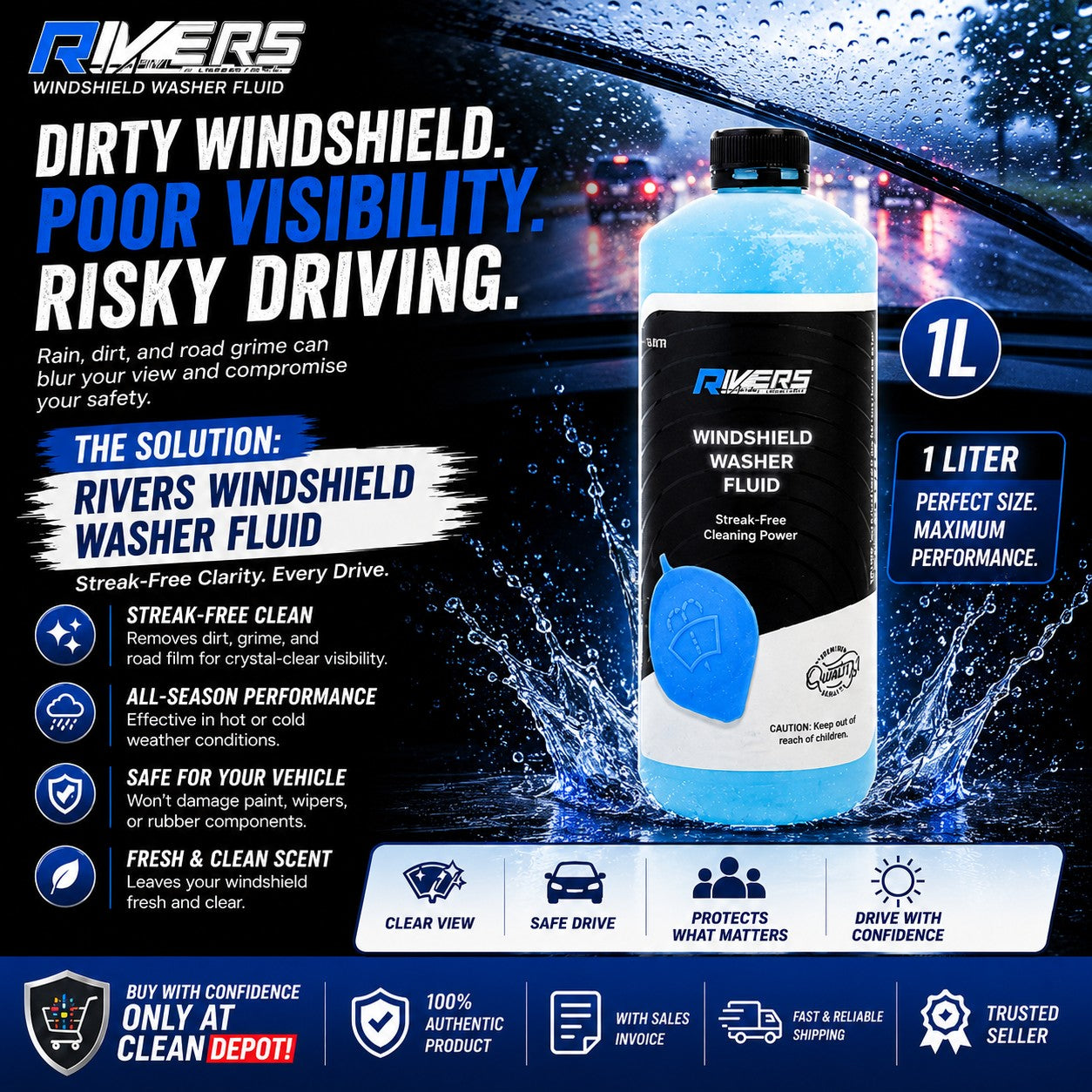 Rivers Windshield Washer Fluid | 1 Liter & 1 Gallon Streak-Free Glass Cleaner