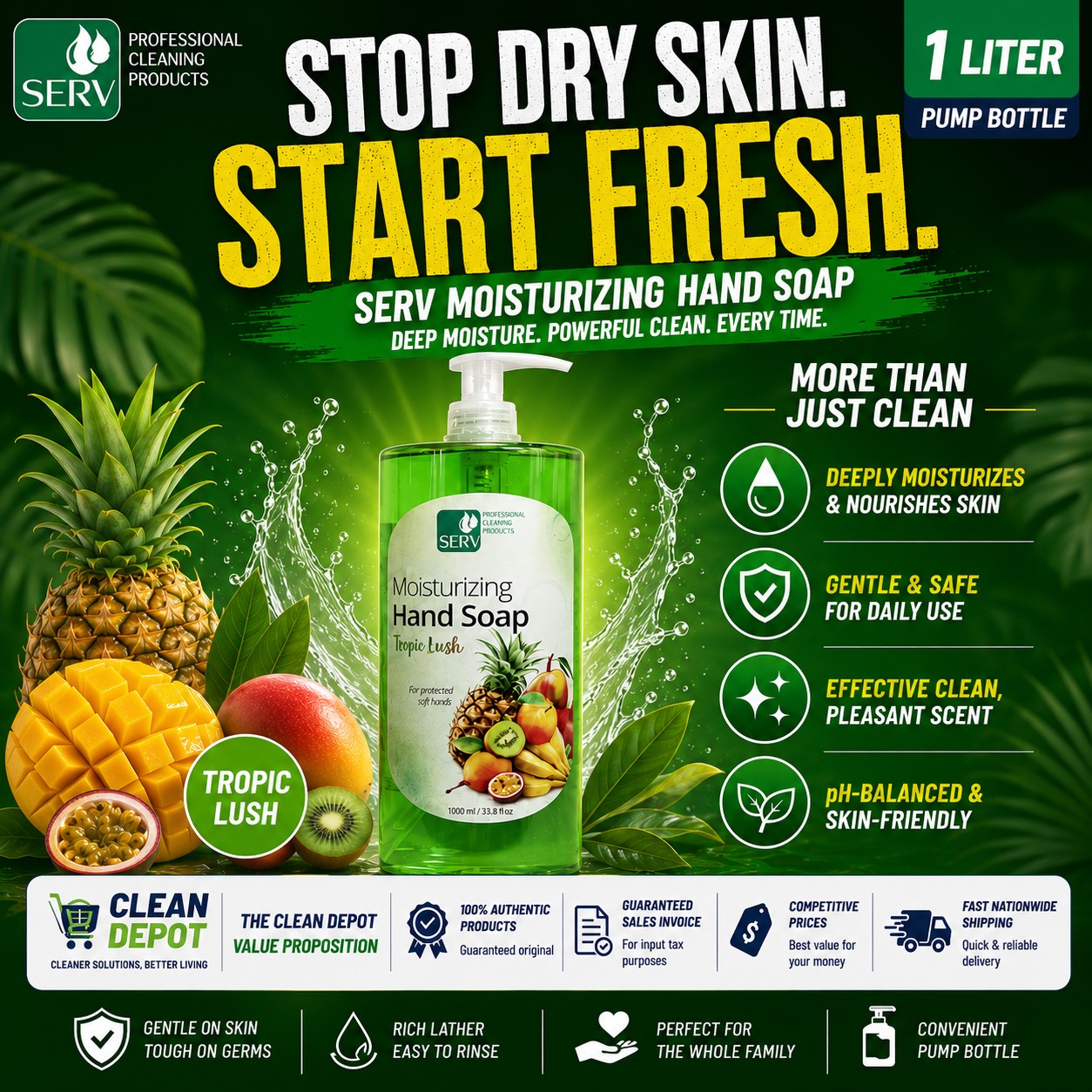 SERV Moisturizing Liquid Hand Soap 1L Pump | Ocean Glaze & Tropic Lush | pH-Balanced Clean