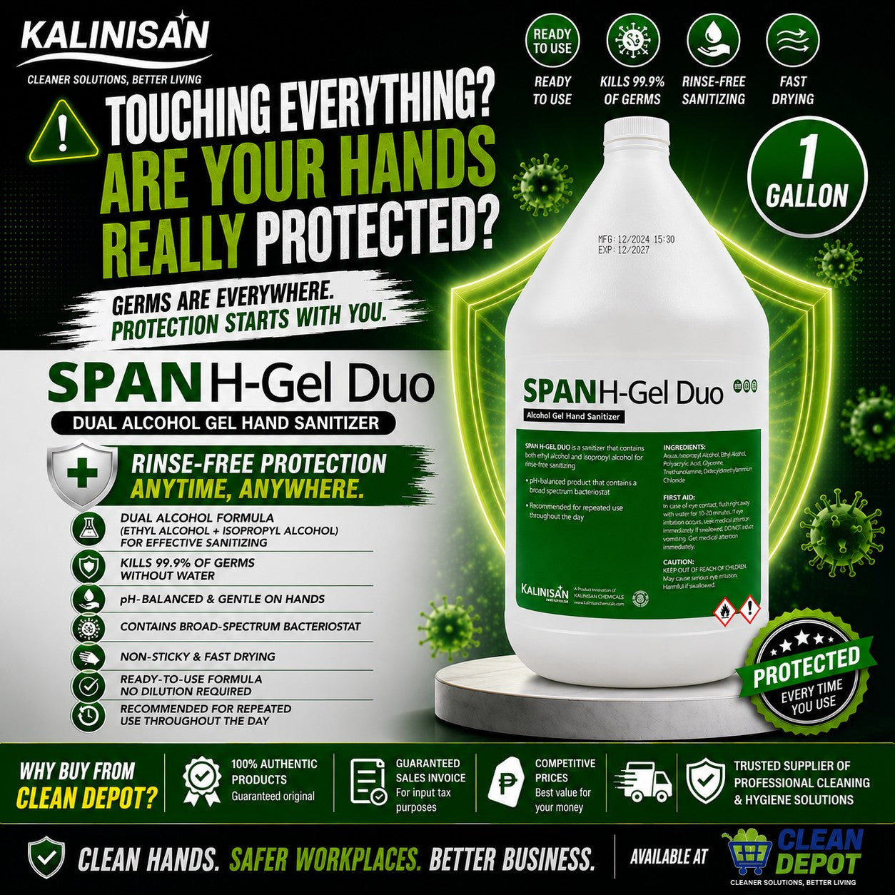 SPAN H-Gel & H-Gel Duo Alcohol Gel Hand Sanitizer 1 Gallon | Kills 99.9% Germs | Fast Drying