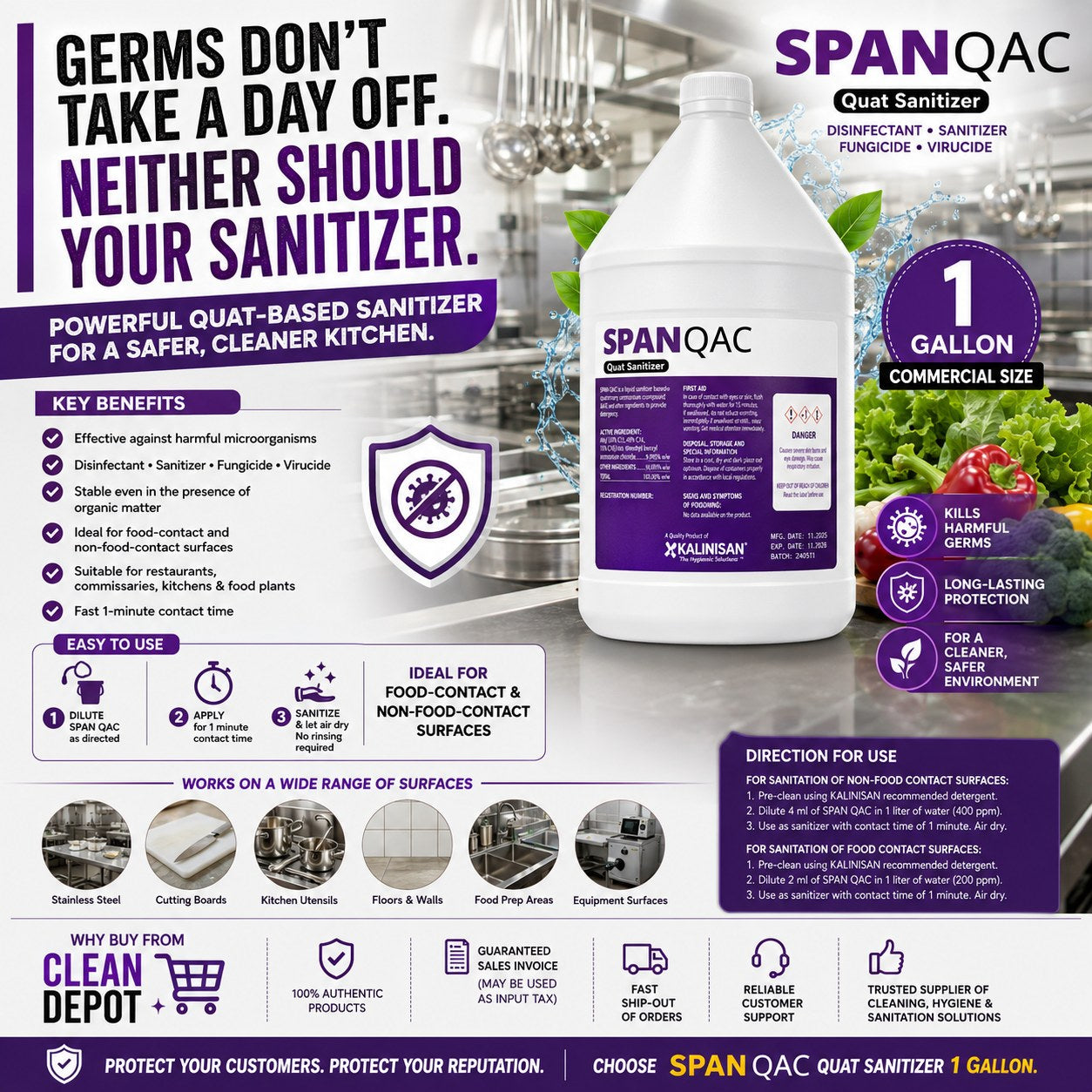 SPAN QAC Quat Sanitizer 1 Gallon | Food Contact Surface Sanitizer & Disinfectant