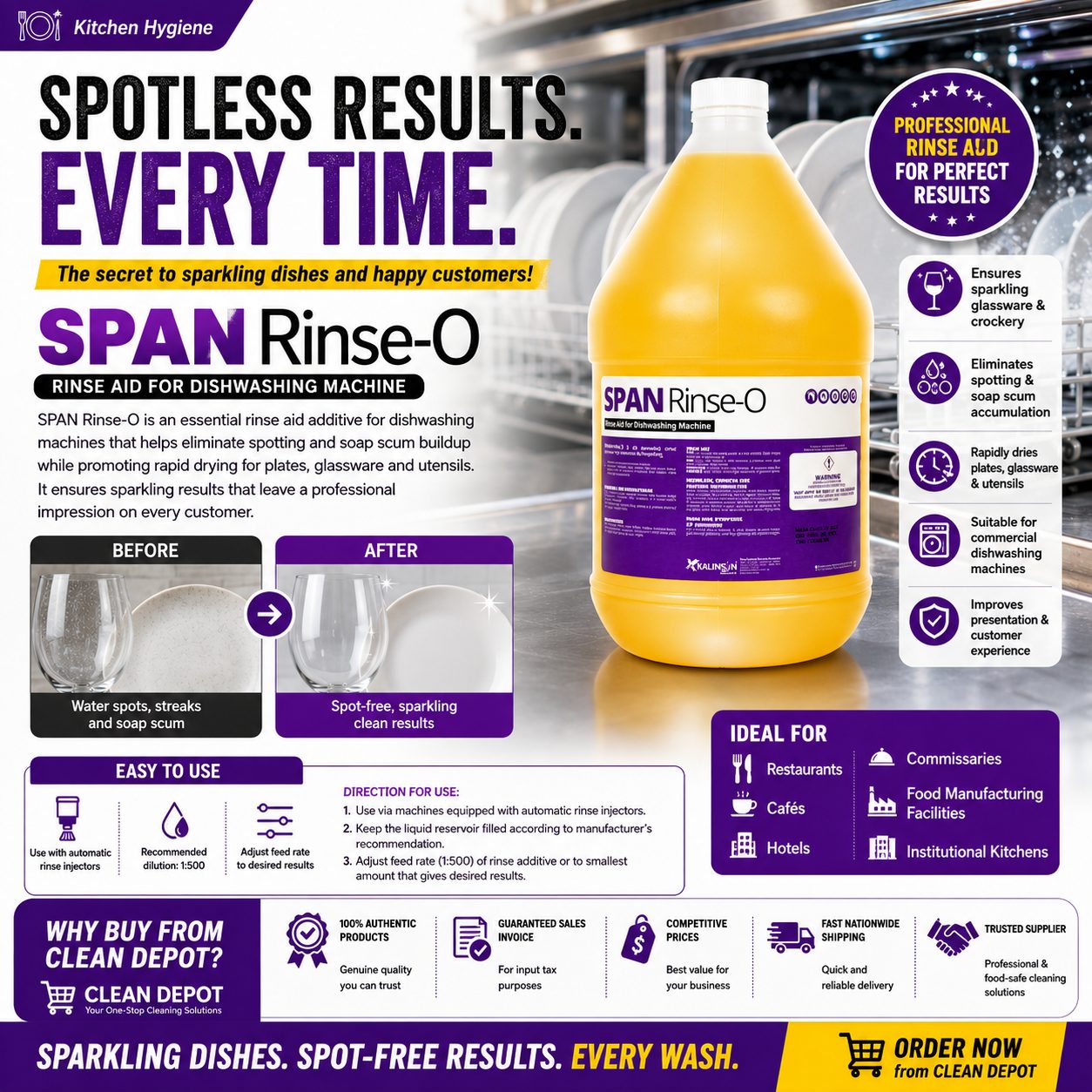 SPAN Rinse-O Rinse Aid 1 Gallon | Spot-Free Glassware & Faster Drying