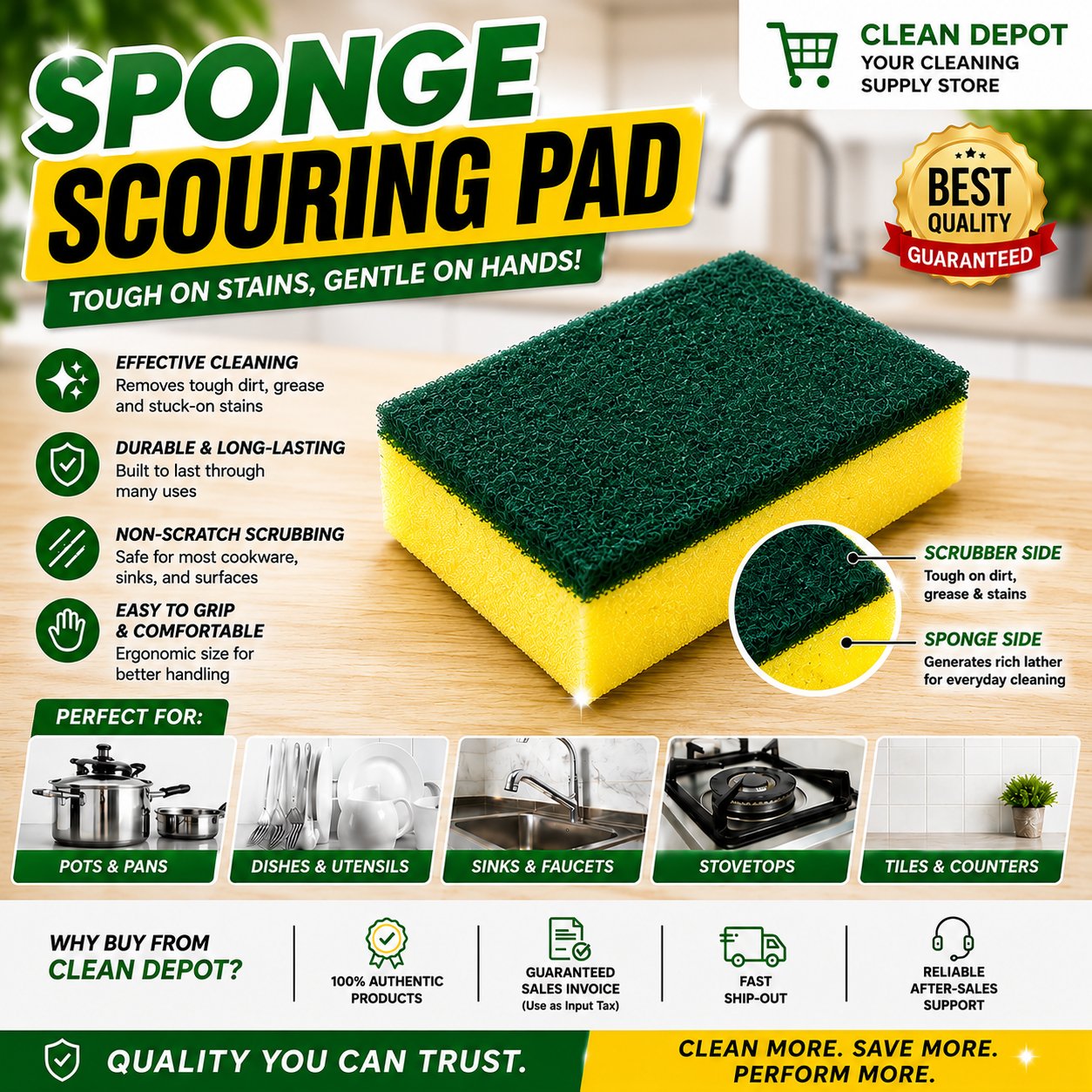 Kitchen Sponge Scouring Pad 1pc | Dual-Sided Scrubber for Dishes & Cookware