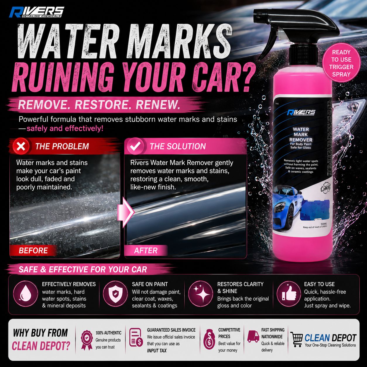 Rivers Water Mark Remover 500ml Trigger Spray | Water Spot Remover for Car Paint