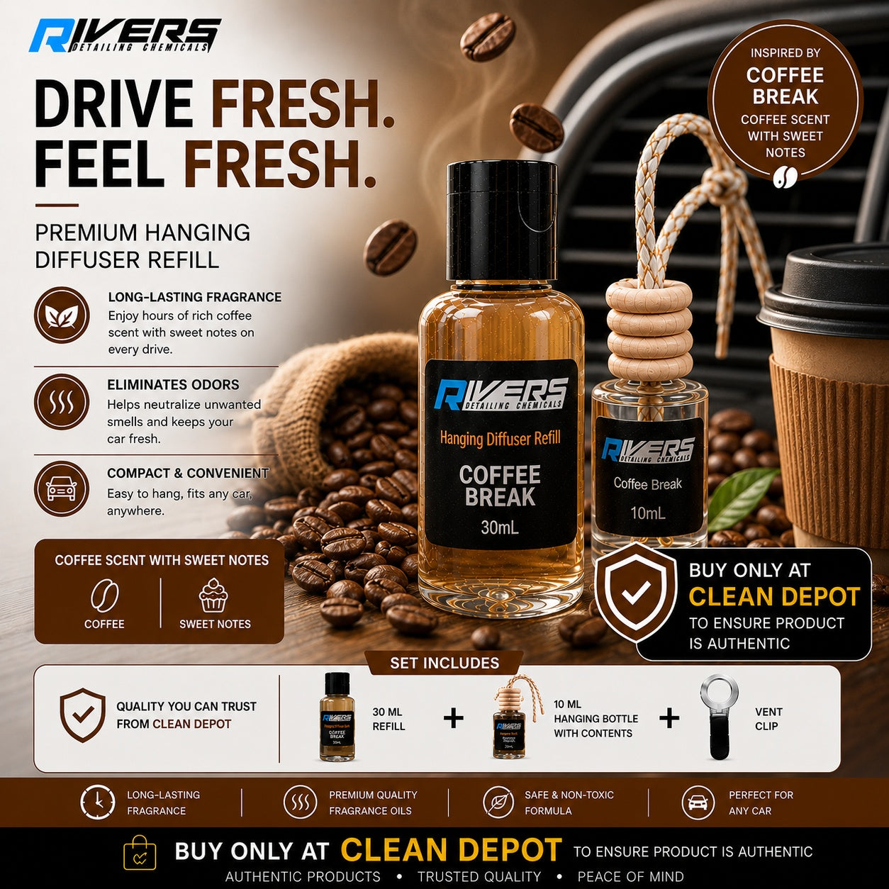 Rivers Car & Home Air Freshener 30ml + FREE 10ml Diffuser | 115ml Refill | Long-Lasting Luxury Scent