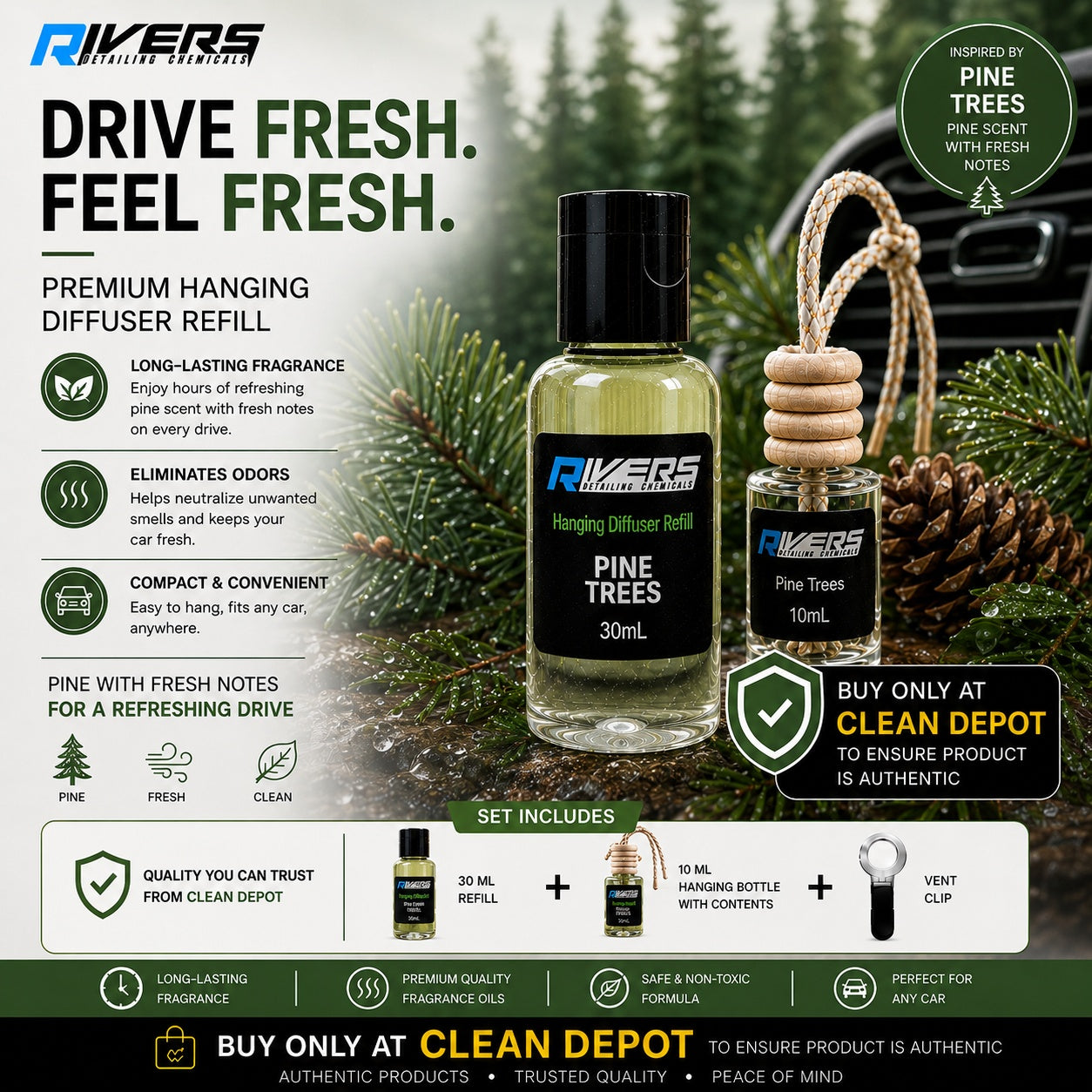 Rivers Car & Home Air Freshener 30ml + FREE 10ml Diffuser | 115ml Refill | Long-Lasting Luxury Scent