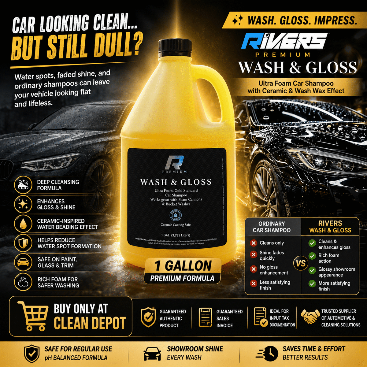 Rivers Premium Wash & Gloss Car Shampoo 2L & 1 Gallon | Ultra Foam, Ceramic Gloss & Wax