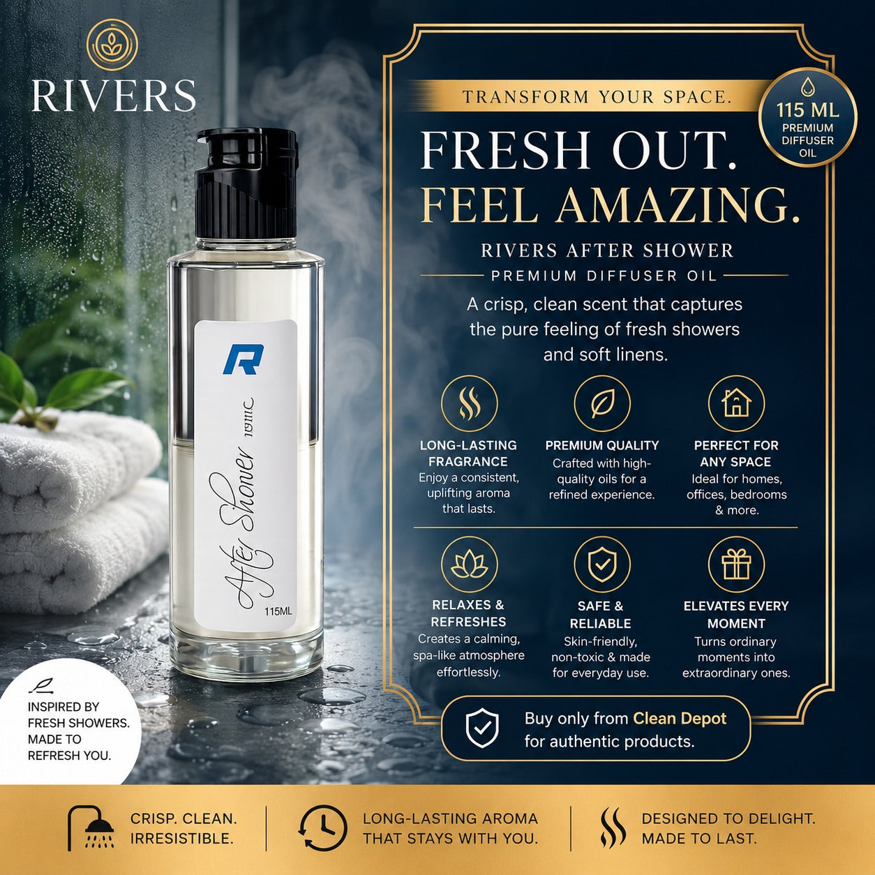 Rivers Car & Home Air Freshener 30ml + FREE 10ml Diffuser | 115ml Refill | Long-Lasting Luxury Scent
